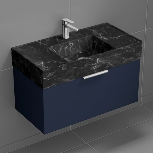 Nameeks DERIN968 Blue Bathroom Vanity With Black Marble Design Sink, Floating, 32 Inch